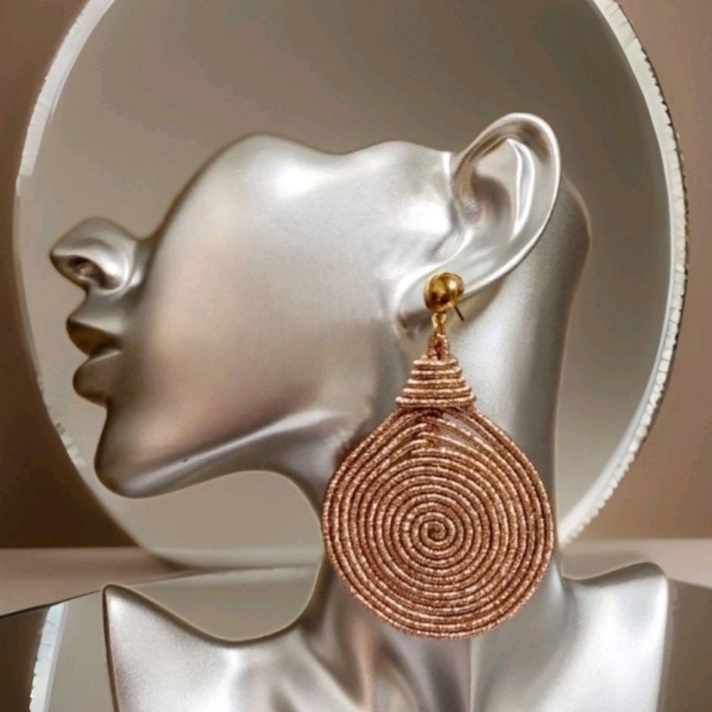NWT Oversized Spiral Design Metallic Round Rose Gold Drop Earrings